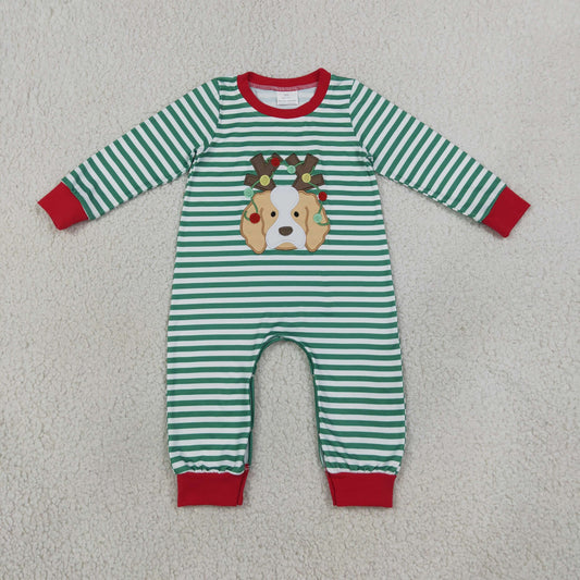 Baby Boy Kids Long Sleeves Embroidery Christmas Dog Green Stripes Romper Clothes RTS
