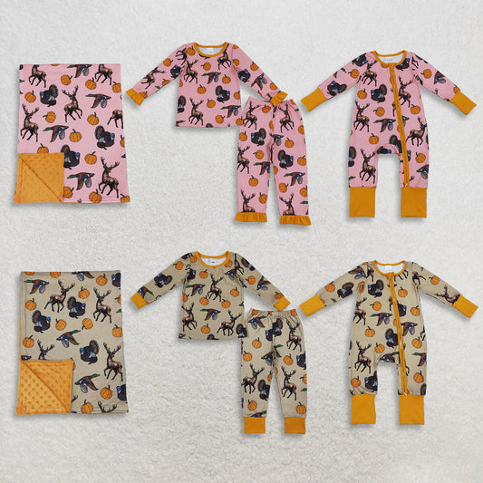 Sibling Baby Boys Girls Kids Pumpkins Deer Ducks Zipper Fall Romper Sets Pajamas Blankets Thanksgiving Clothes RTS