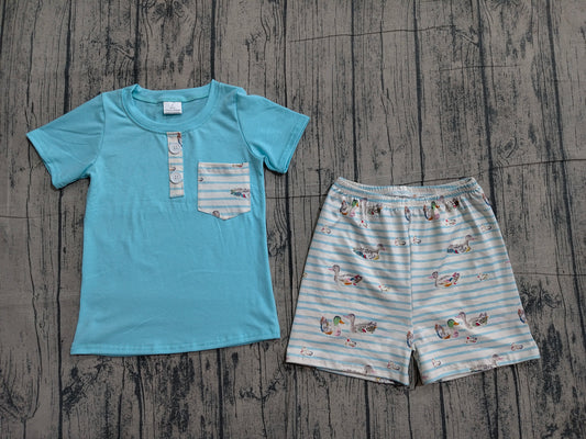 ( No moq ) Preorder Baby Boys Short Sleeves Pocket Buttons Shirt Ducks Stripes Shorts Summer Clothes Set