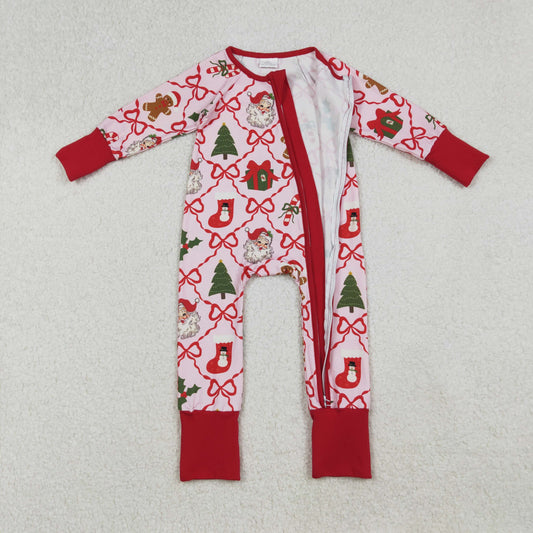 Girls Infant Long Sleeves Gingerbread Bows Santa Zipper Pajamas Footie Romper