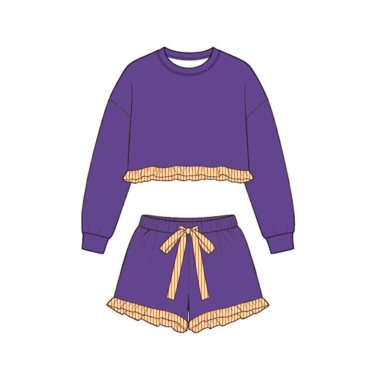 ( Moq 5 ) Preorder Baby Girls Kids Long Sleeves Purple Shirt Stripes Shorts Set Cotton Clothes