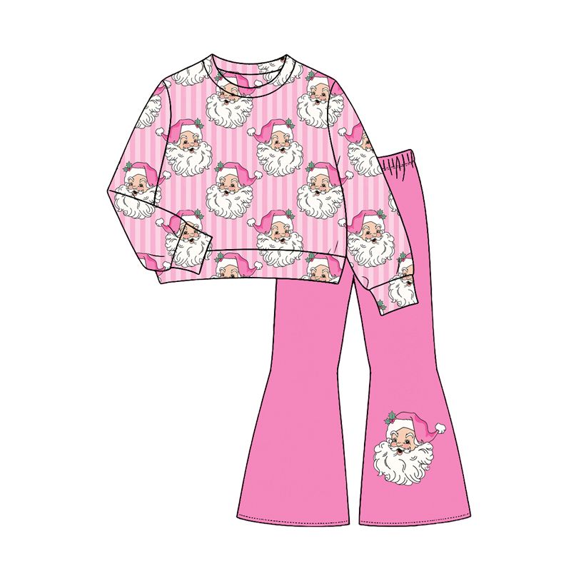 ( Moq 5 ) Preorder Baby Girls Kids Long Sleeves Christmas Santa Stripes Shirt Pink Pants Set Clothes