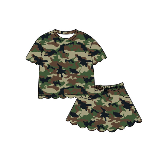 ( Moq 5 ) Preorder Baby Girls Kids Short Sleeves Green Camo Scallop Shirt Skirt Shorts Set Clothes