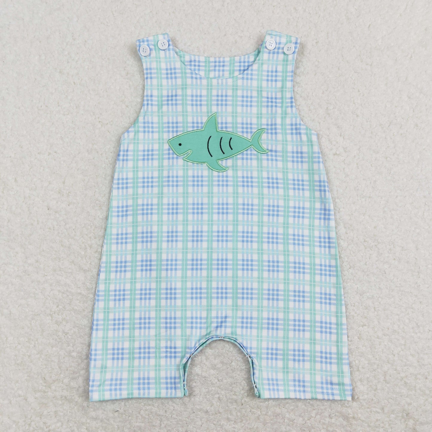 SR0651 Baby Boy Embroidery Fishing Plaid One Piece Romper