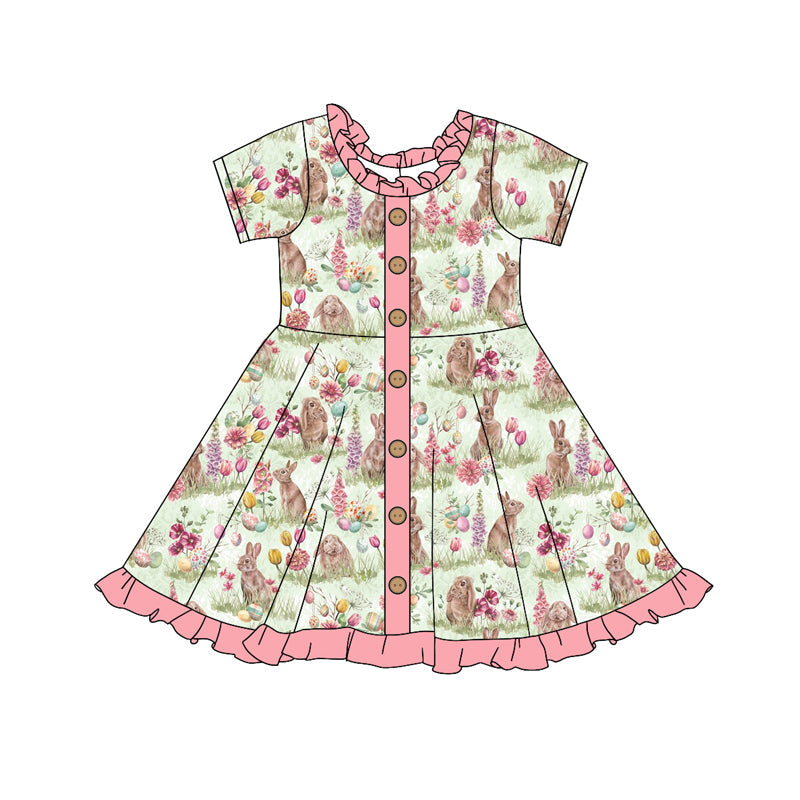 Baby Girl Short Sleeves Easter Rabbit Ruffle Buttons Knee Length Dress Moq 5