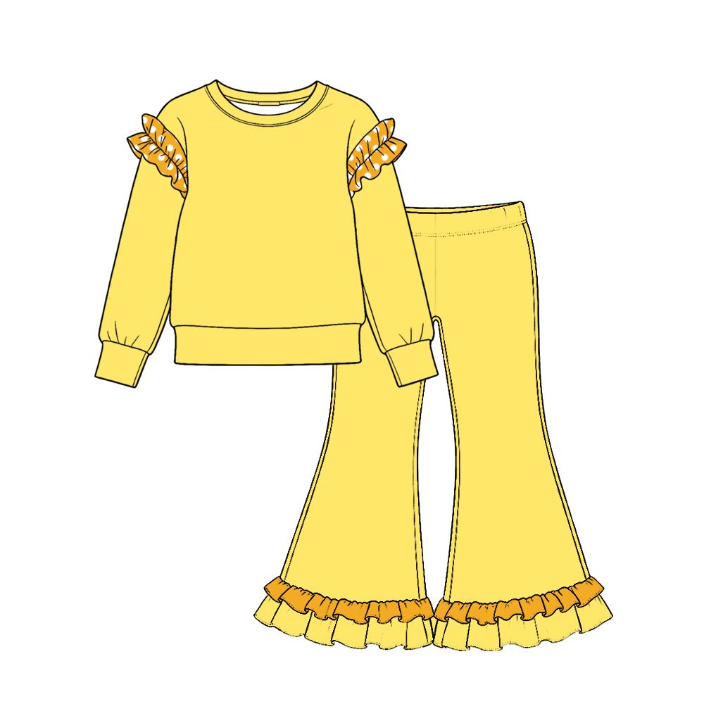 ( Moq 5 ) Preorder Baby Girls Kids Long Sleeves Yellow Shirt Ruffle Pants Cotton Set Clothes