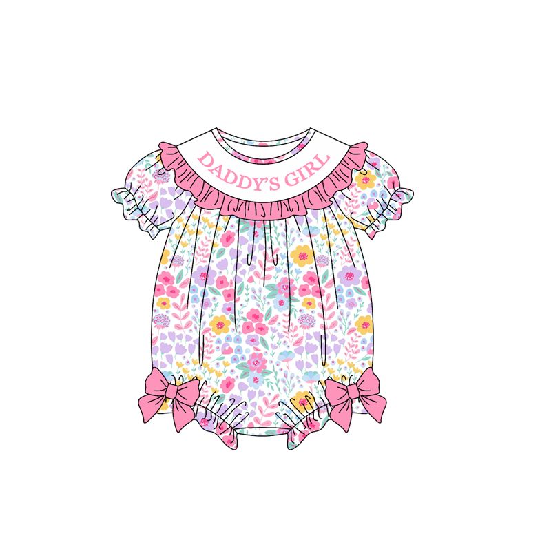 ( Moq 5 ) Preorder Baby Girls Infant Short Sleeves Daddy's Girl Floral Bows Bubble Romper Clothes