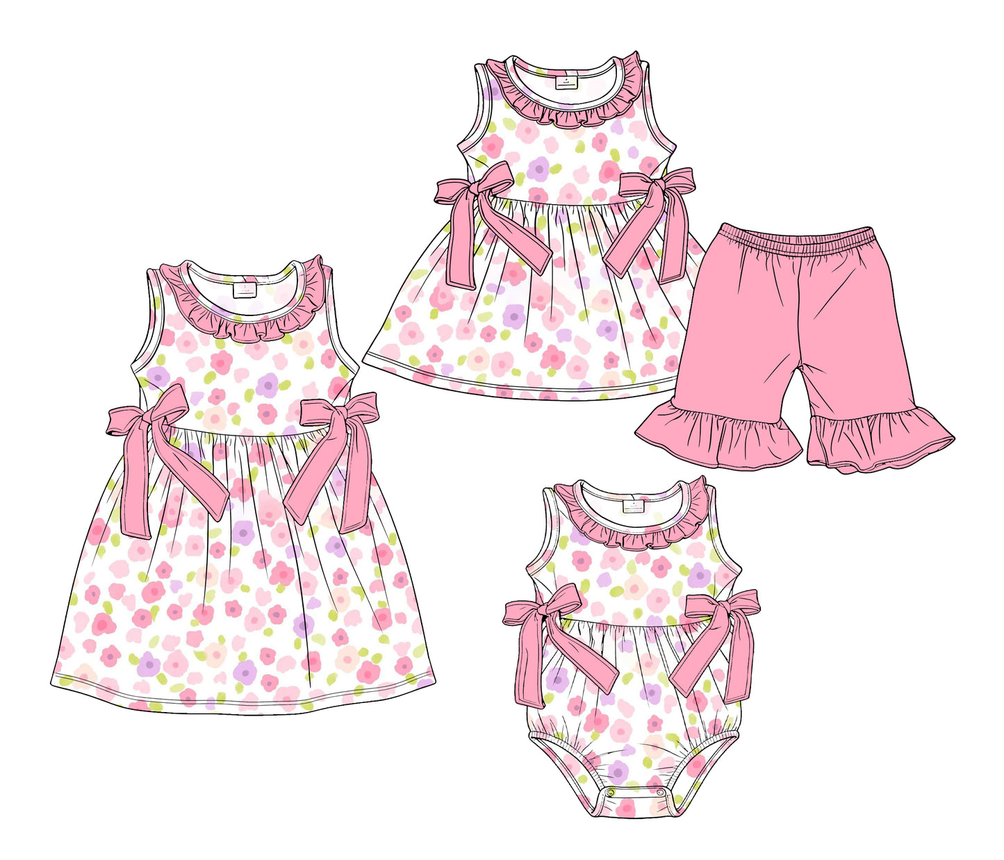 ( Moq 5 Each Style ) Sibling Baby Girls Kids Pink Flower Bows Romper Dress Set Summer Clothes