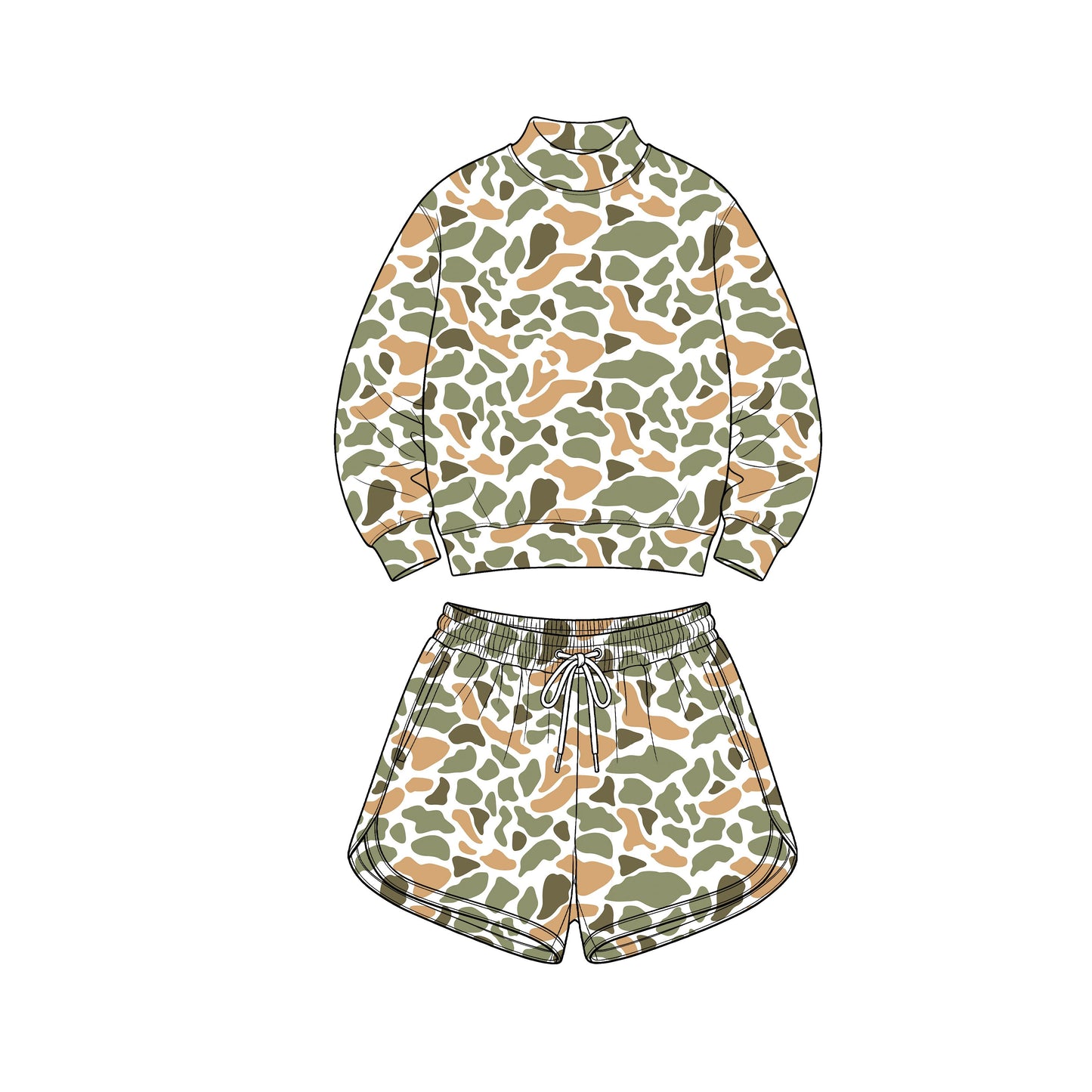 ( No moq ) Preorder Adult Women Long Sleeves Shirt Pockets Camo Shorts Yoga Active Set Clothes