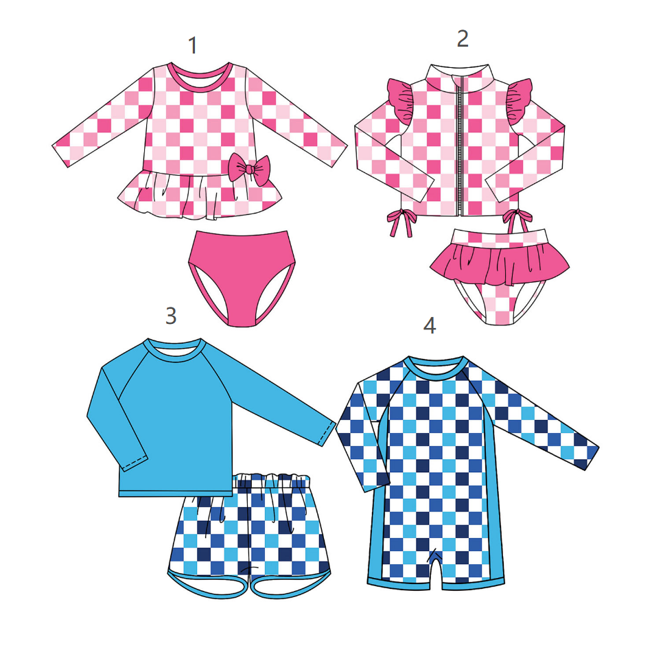 ( Moq 5 Each Style ) Baby Boys Girls Kids Long Sleeves Checked Sibling Jumpsuits Sets Swimsuits Clothes