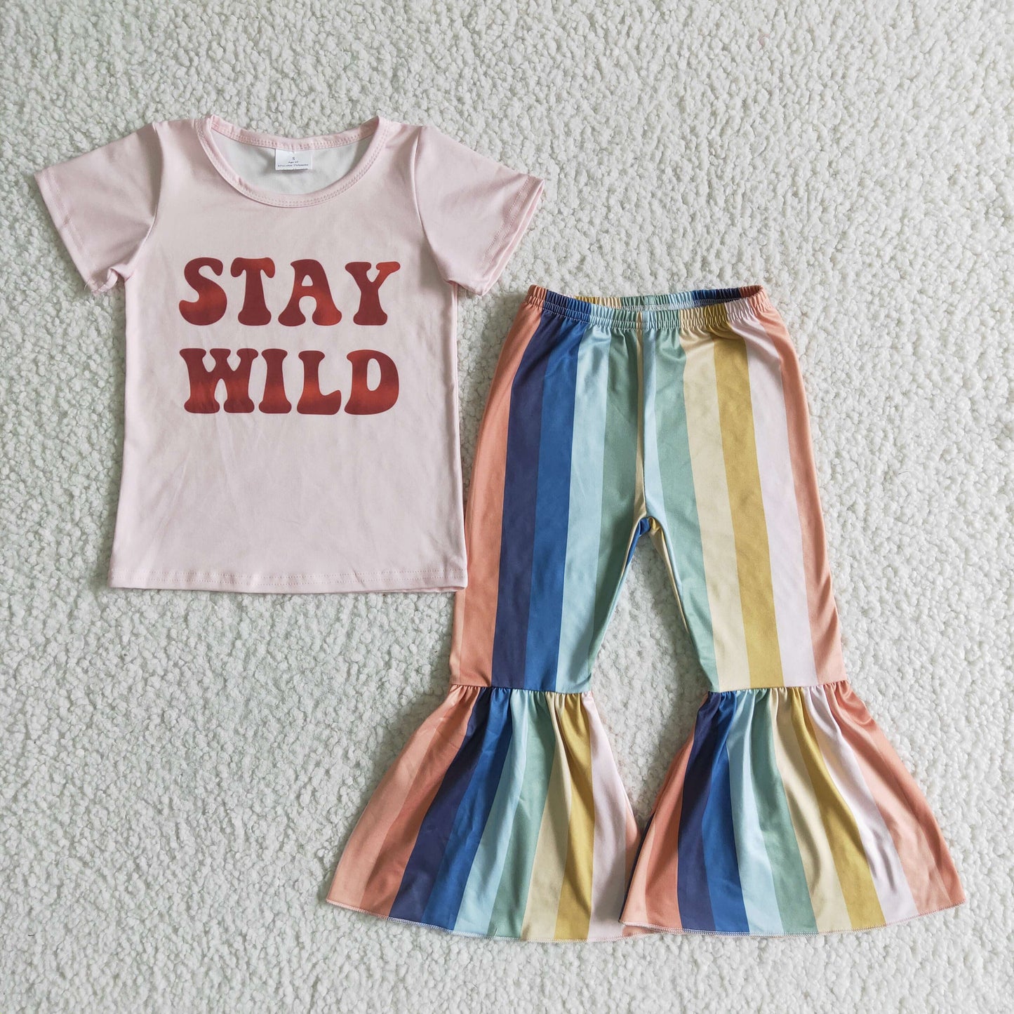 Promotion Baby Girl Short Sleeves Stay Wild Shirt Stripes Bell Pants Outfit RTS