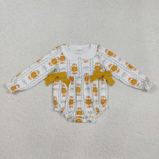 Baby Girl Long Sleeves Pumpkins Flower Bows Bubble Fall Romper RTS