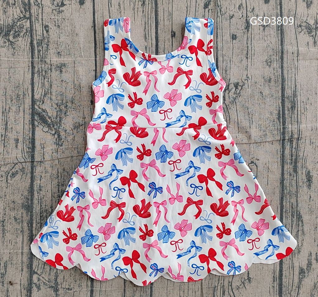 Baby Girls Kids Sleeveless Bows 4th of July Shorts Scallop Knee Length Dress RTS
