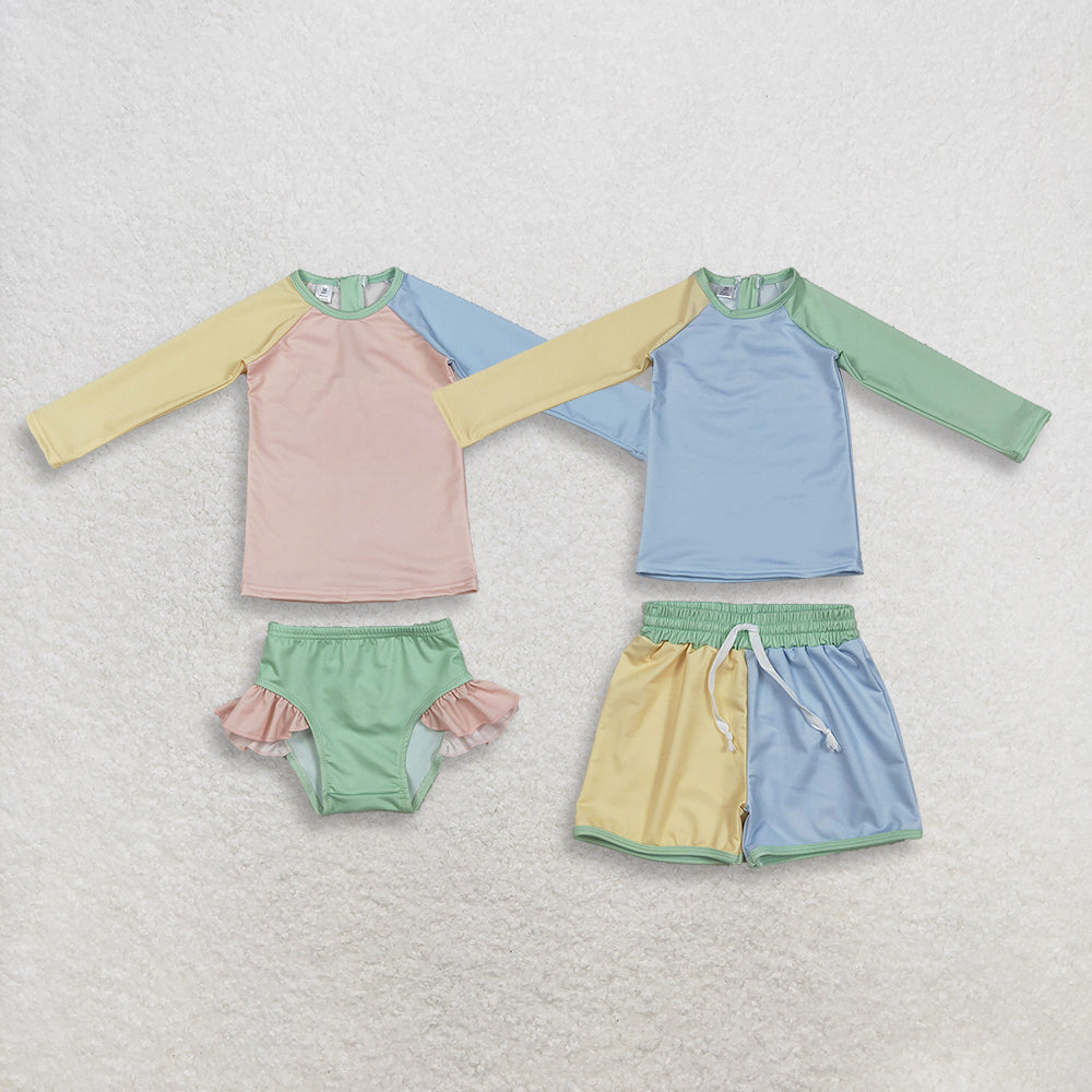 Sibling Baby Boys Girls Kids Long Sleeves Zipper Tops Shorts Sets Swimsuits Clothes RTS