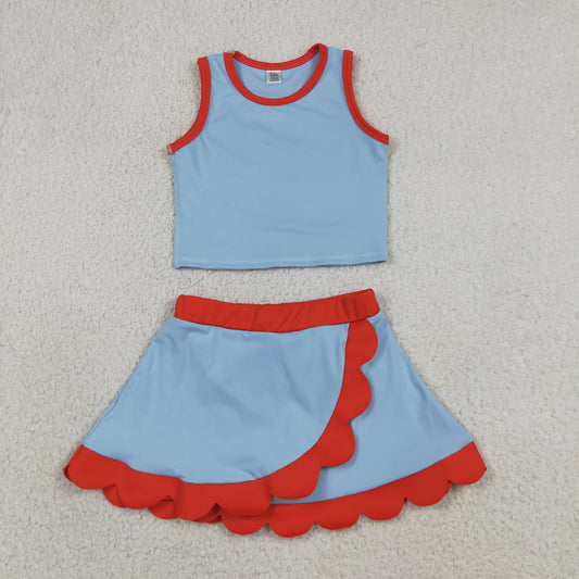 Baby Girls Kids Shirt Scallop Skirt Shorts Yoga Active Blue Red Set Clothes RTS