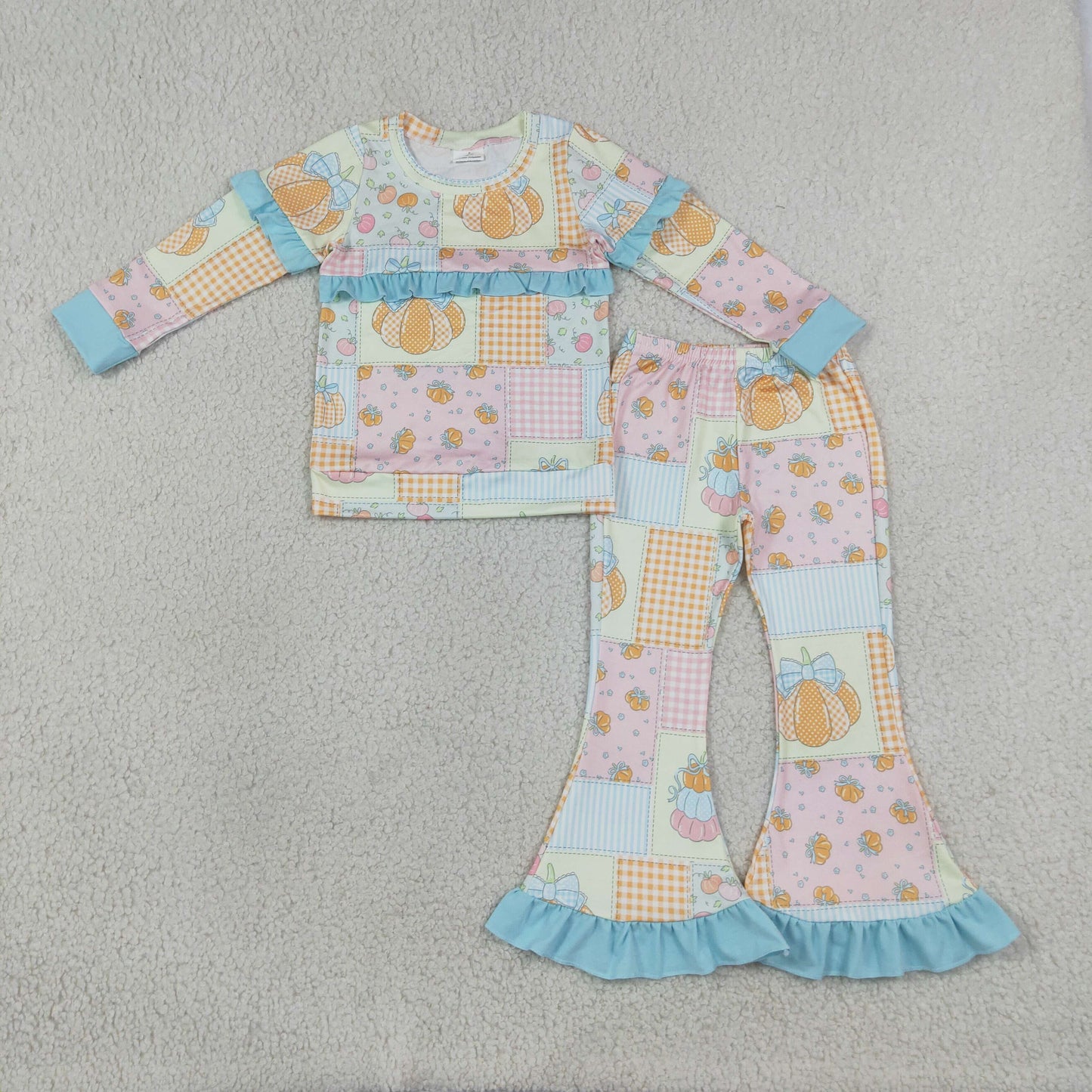 Baby Girls Kids Pumpkins Bows Plaid Tops Ruffle Pants Set Fall Clothes RTS