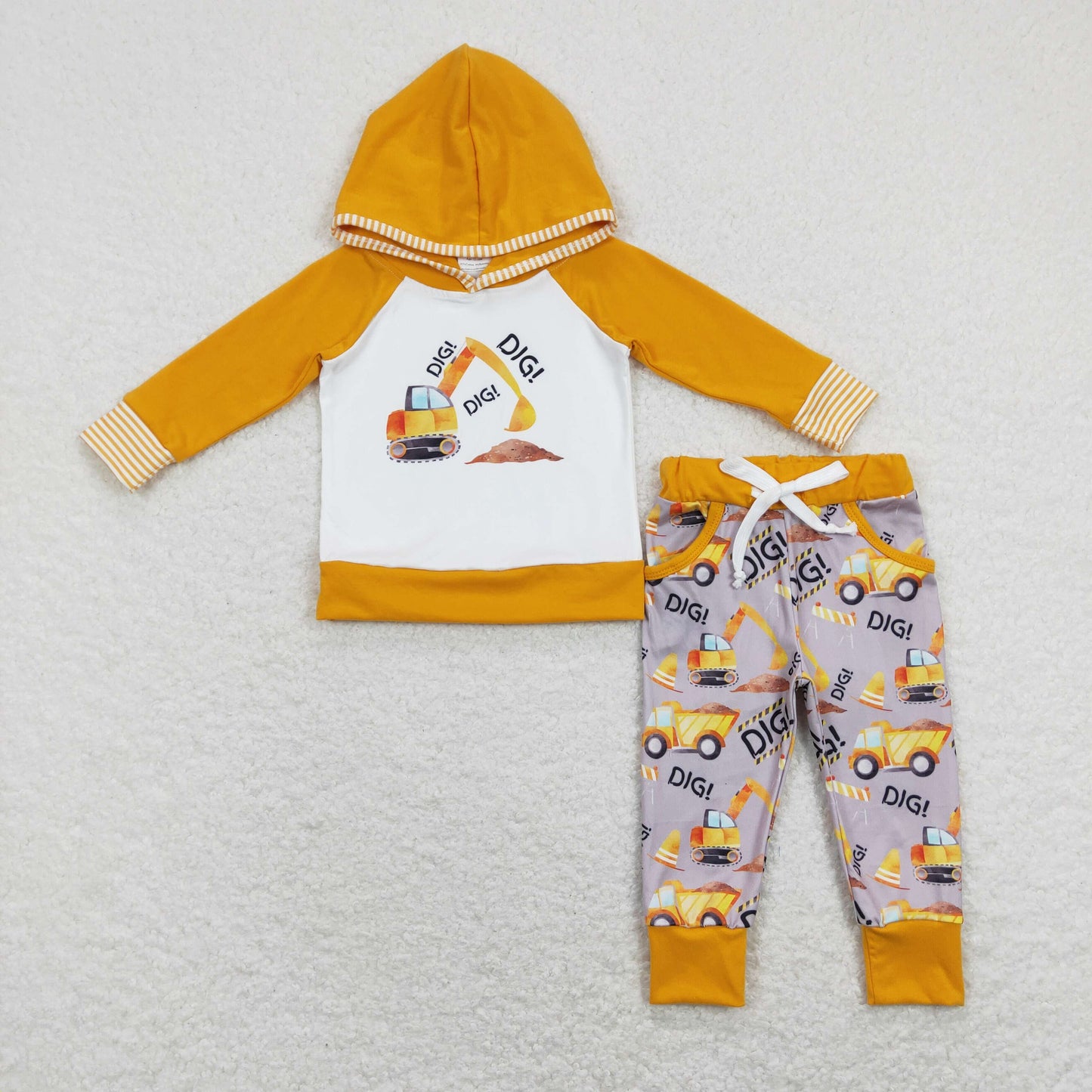 BLP0452 Baby Boy Yellow Long Sleeves Hoodie Shirt Construction Pocket Pants Set