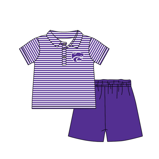 Baby Boy Short Sleeves Team Stripes Buttons Shirt Purple Shorts Set Moq 5