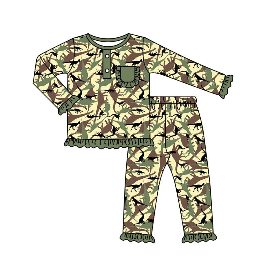 Baby Girl Fall Dinosaur Camo Shirt Pants Pajamas Set