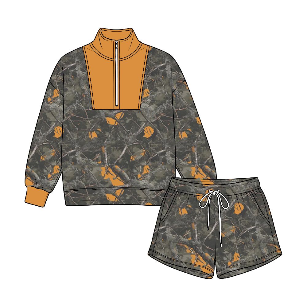 ( Moq 5 ) Preorder Baby Boys Kids Long Sleeves Leaves Zipper Pullover Pockets Shorts Set Clothes
