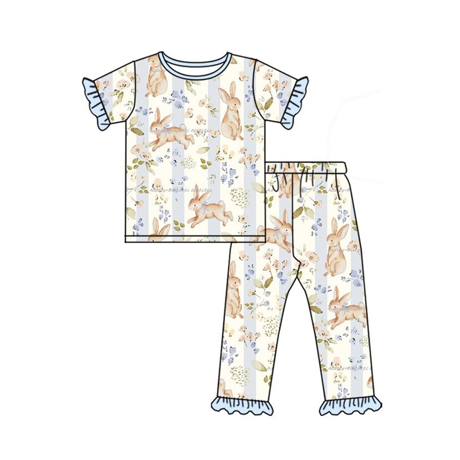 ( Moq 5 ) Preorder Baby Girls Kids Rabbits Flower Stripes Shirt Pants Easter Set Pajamas Clothes