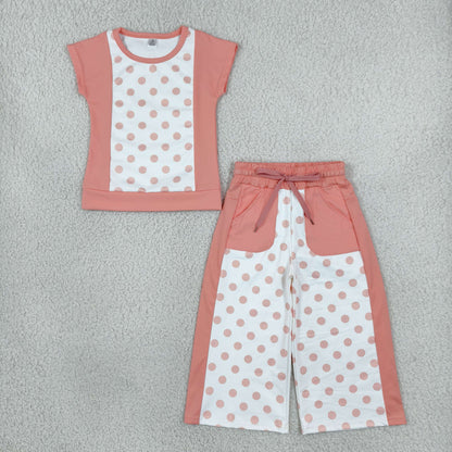Sibling Baby Girl Kids Short Sleeves Dots Shirts Pockets Pants Sets Yoga Active Clothes RTS