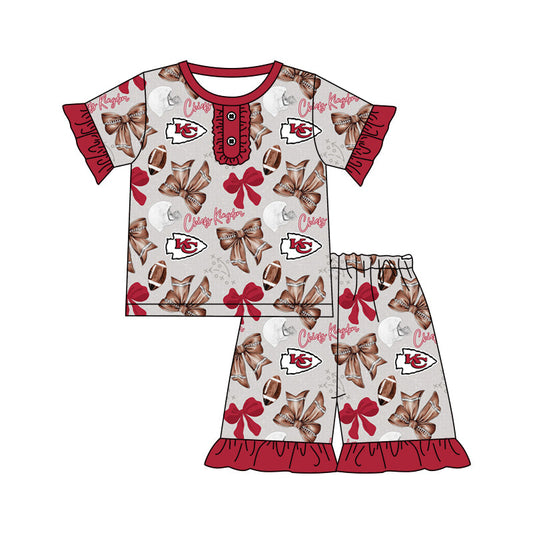 Baby Girl Short Sleeves Bows Football Team Shirt Shorts Pajamas Set Moq 5