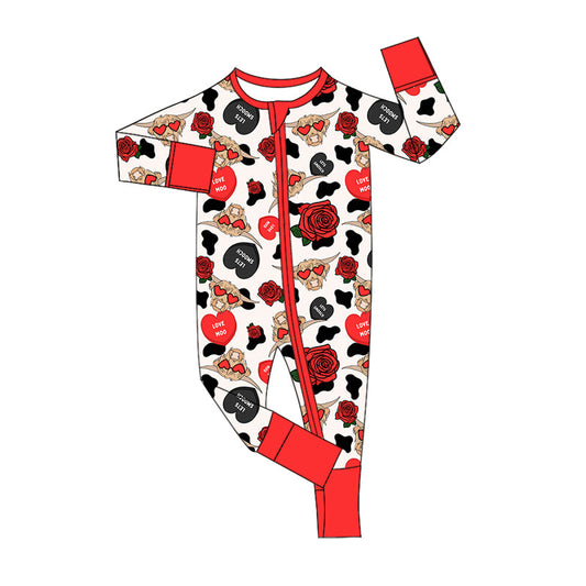 Baby Kids Toddler Long Sleeves Cow Heart Valentine's Day Sleeper Zipper Romper Moq 5