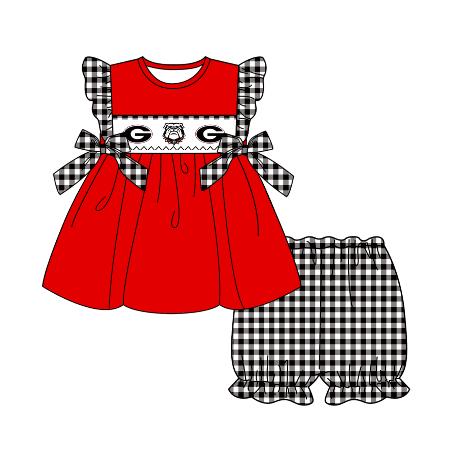 Baby Girl Dog Team Red Tunic Black Plaid Shorts Set