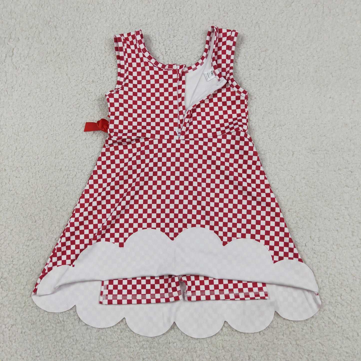 Baby Girls Toddler Sleeveless Red Plaid Yoga Active Knee Length Scallop Dress RTS