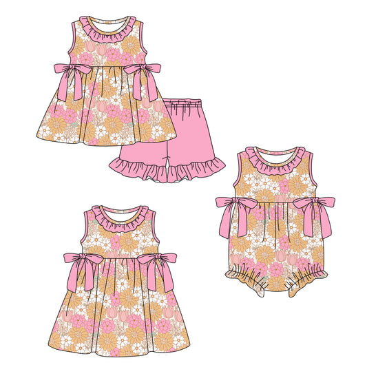 ( Moq 5 Each Style ) Baby Girls Kids Sleeveless Flower Pink Bows Sibling Romper Dress Set