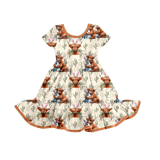 Moq 3 Pre-order GSD0778 Easter Baby Girl Cow Rabbit Cactus Dress