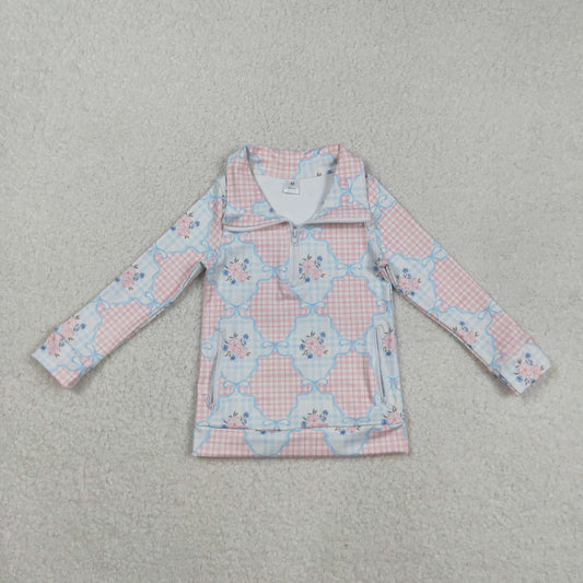 Baby Girl Long Sleeves Flower Plaid Yoga Active Zipper Pullover Shirt RTS