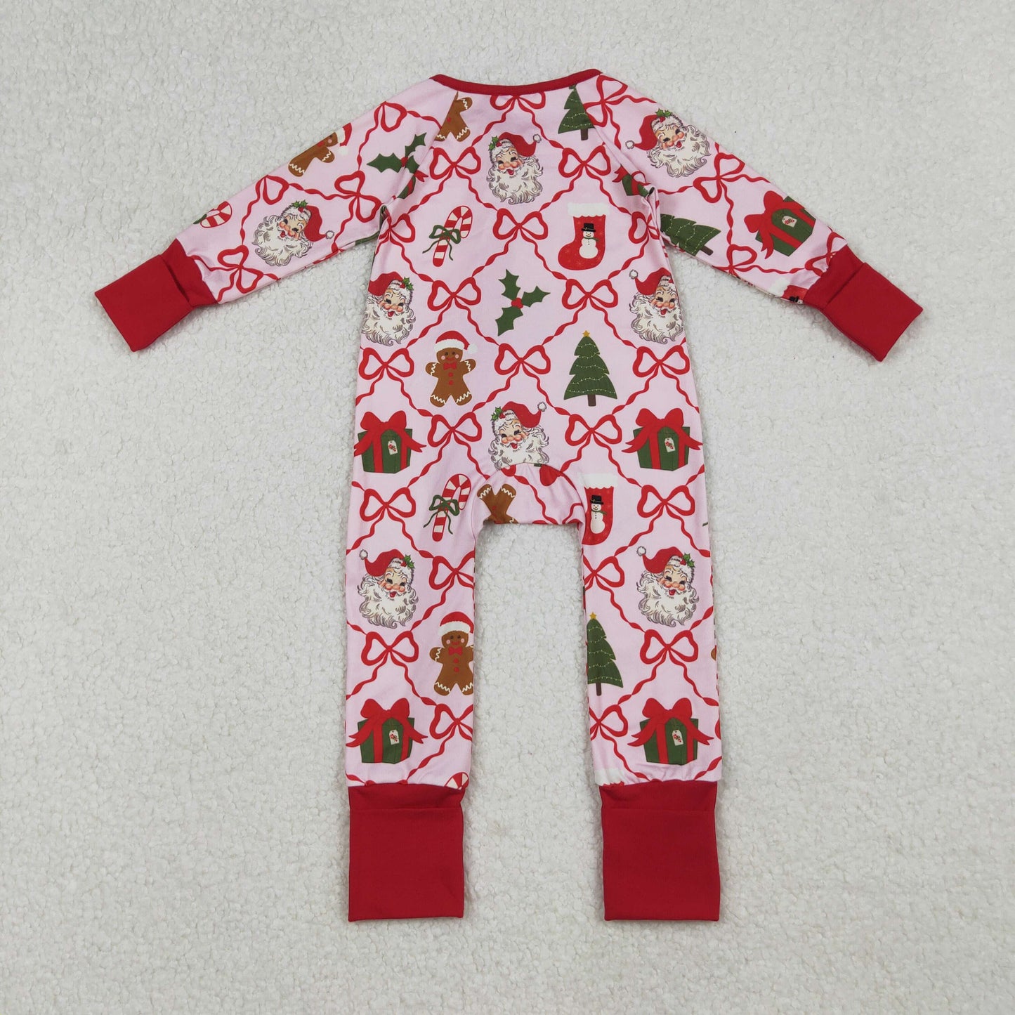 Girls Infant Long Sleeves Gingerbread Bows Santa Zipper Pajamas Footie Romper