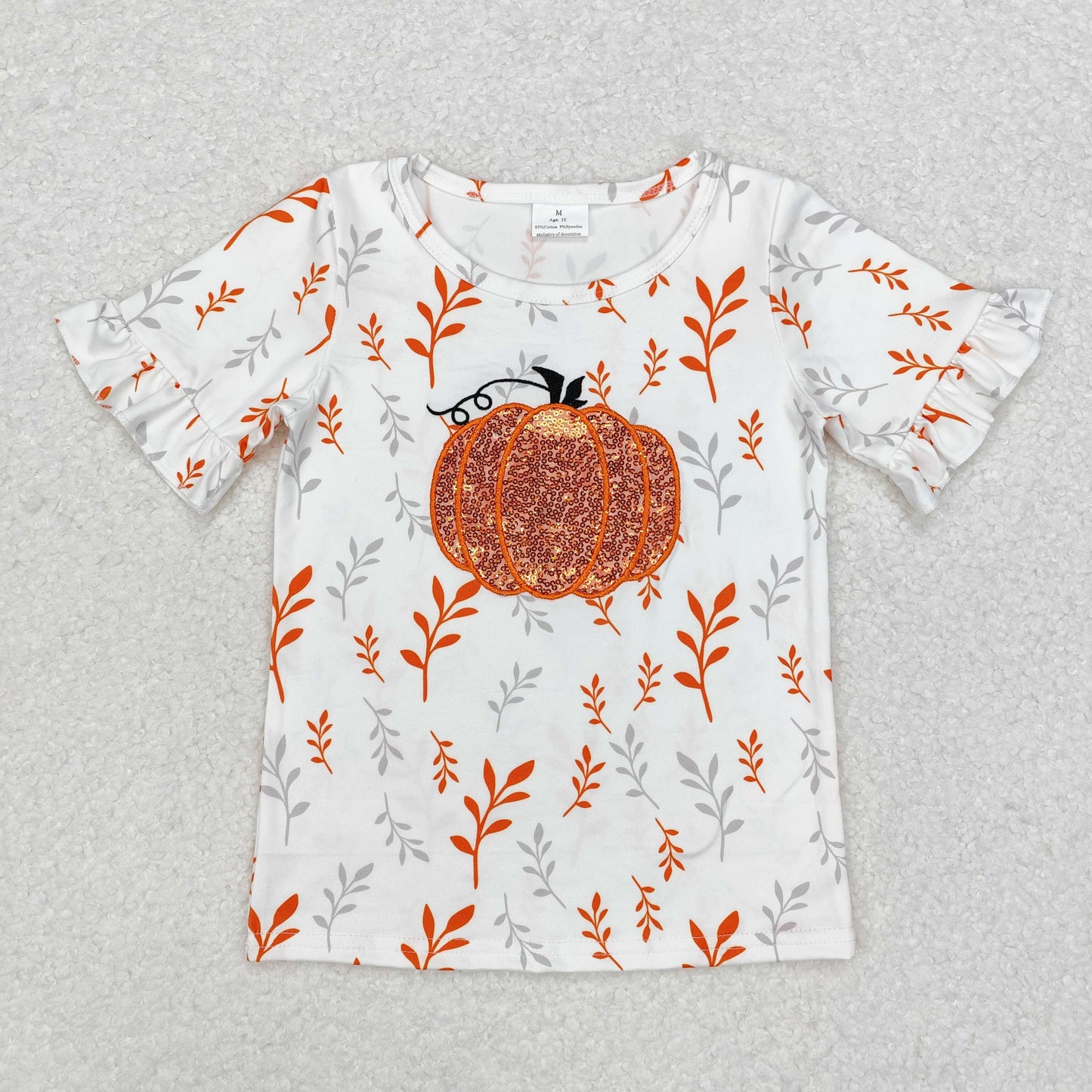 Baby Girl Short Sleeves Embroidery Sequins Pumpkin Fall Shirt Tops