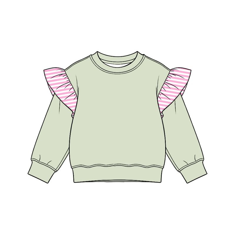 ( Moq 5 ) Preorder Baby Girls Toddler Stripes Ruffle Long Sleeves Green Shirt Tops Clothes