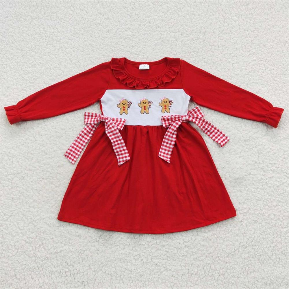 Sibling Girls Boys Long Sleeves Embroidery Gingerbread Sibling Christmas Red Romper Dress Pajamas Outfit Clothes RTS