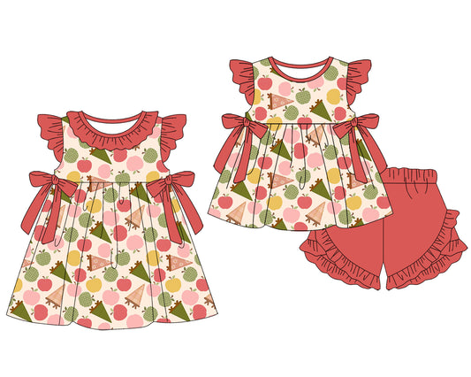 ( Moq 5 Each Style ) Sibling Baby Girls Kids Apple Bows Dress Set Summer Clothes