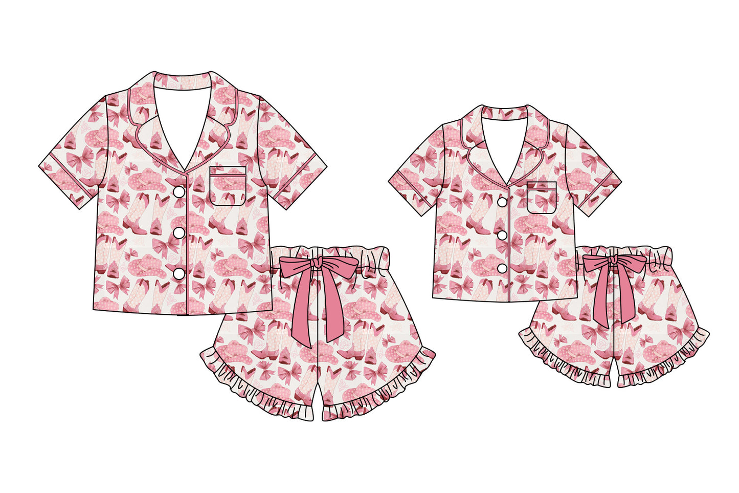 ( Moq 5 Each Style ) Baby Girl Adult Women Boots Bows Buttons Shirt Shorts Sibling Mommy And Me Family Pajamas Sets