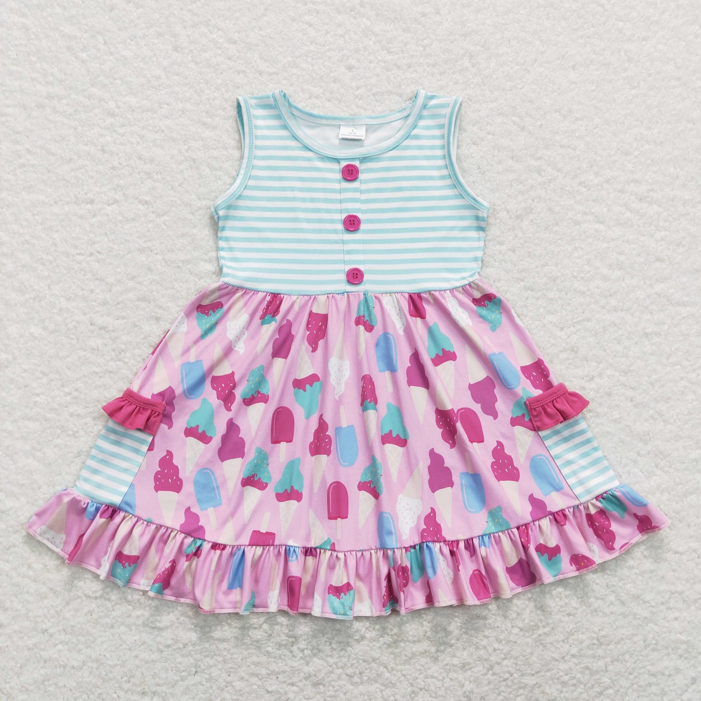 GSD0699 Baby Girl Sleeveless Popstick Stripes Pocket Ruffle Dress