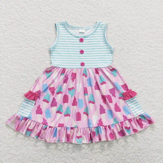 GSD0699 Baby Girl Sleeveless Popstick Stripes Pocket Ruffle Dress