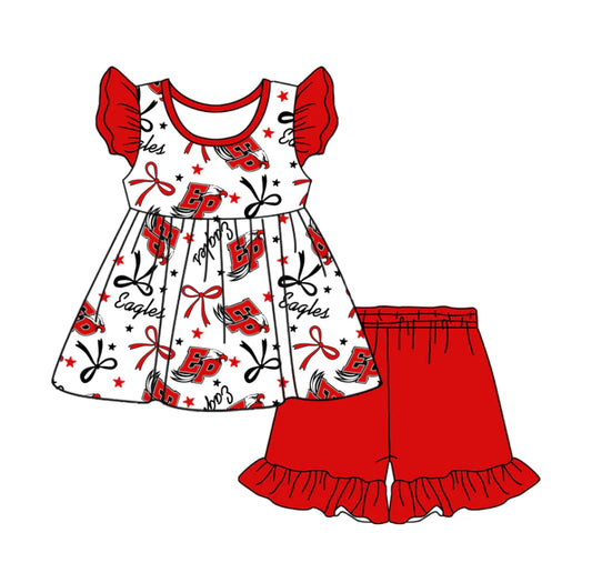 Baby Girl Short Sleeves Team EP Bows Tunic Red Shorts Clothes Set ( Moq 5 )