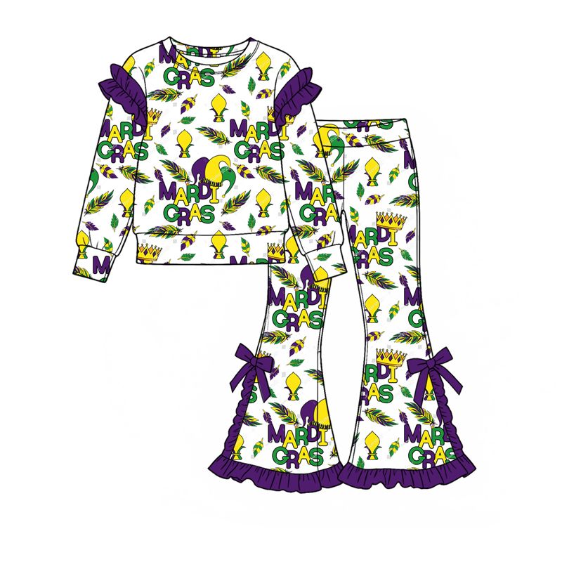 ( Moq 5 ) Preorder Baby Girls Kids Long Sleeves Hats Tops Bows Pants Set Mardi Gras Clothes