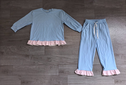 ( No moq ) Preorder Baby Girls Kids Long Sleeves Ruffle Shirt Pants Light Blue Set Cotton Clothes