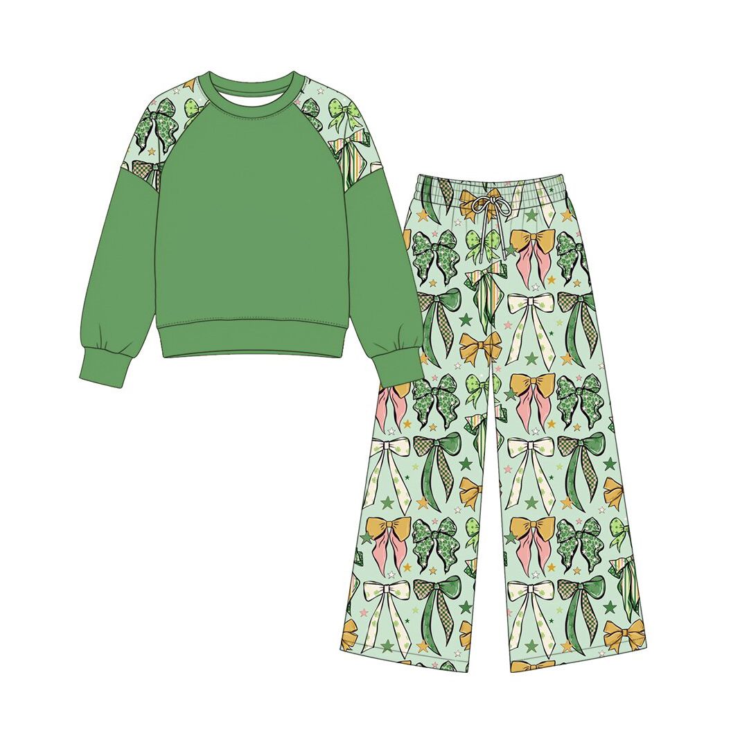 ( Moq 5 ) Preorder Baby Girls Kids Long Sleeves Green Shirt Bows Pants St. Patrick Set Clothes