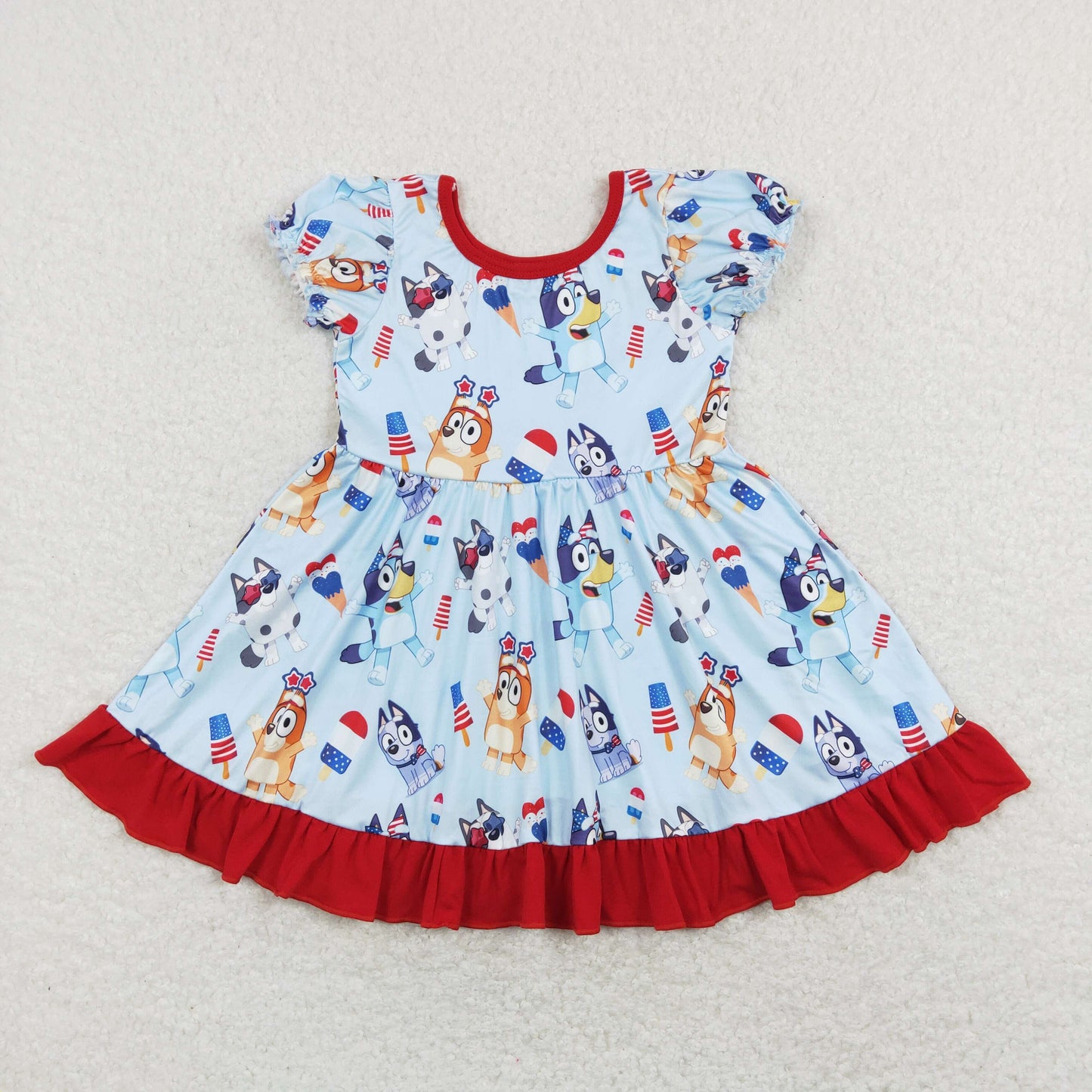 GSD0744 July 4th Baby Girl Short Sleeves Dogs Blue Dress