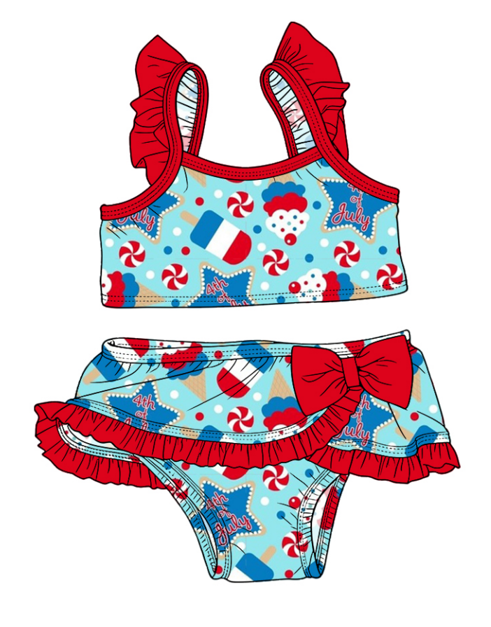 ( Moq 5 Each Style ) Sibling Baby Girls Kids Stars Tops Ruffle Shorts 4th of July Bows Sets Summer Swimsuits