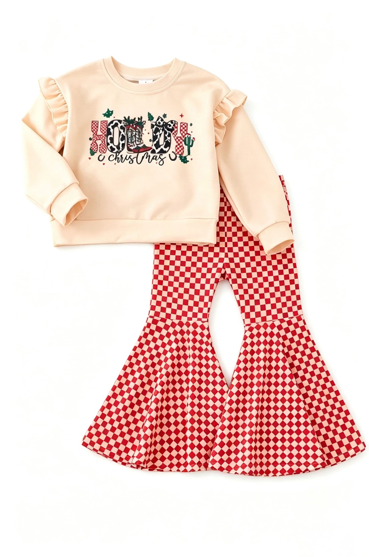 ( Moq 5 ) Preorder Baby Girls Kids Long Sleeves Howdy Christmas Shirt Plaid Set Clothes