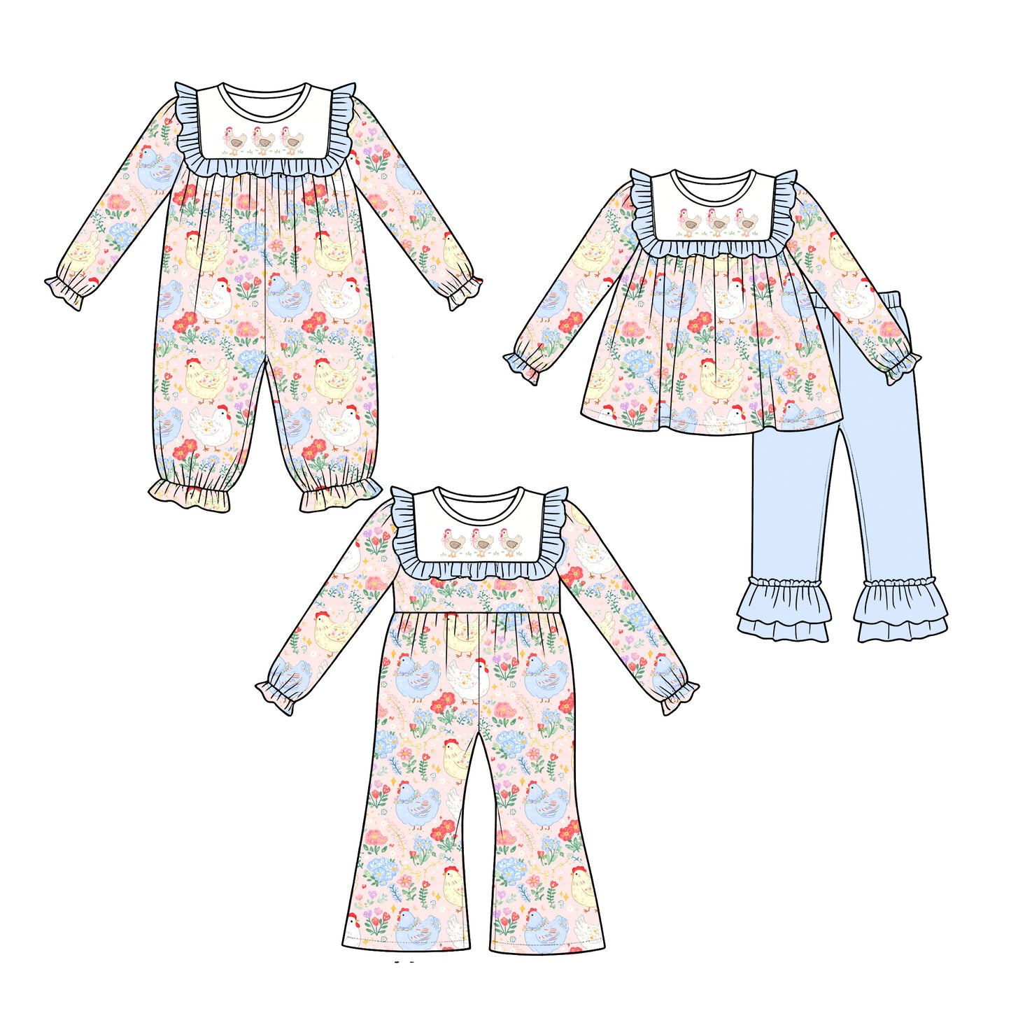 ( Moq 5 Each Style ) Sibling Baby Girls Kids Long Sleeves Chicken Flower Romper Dress Set Clothes