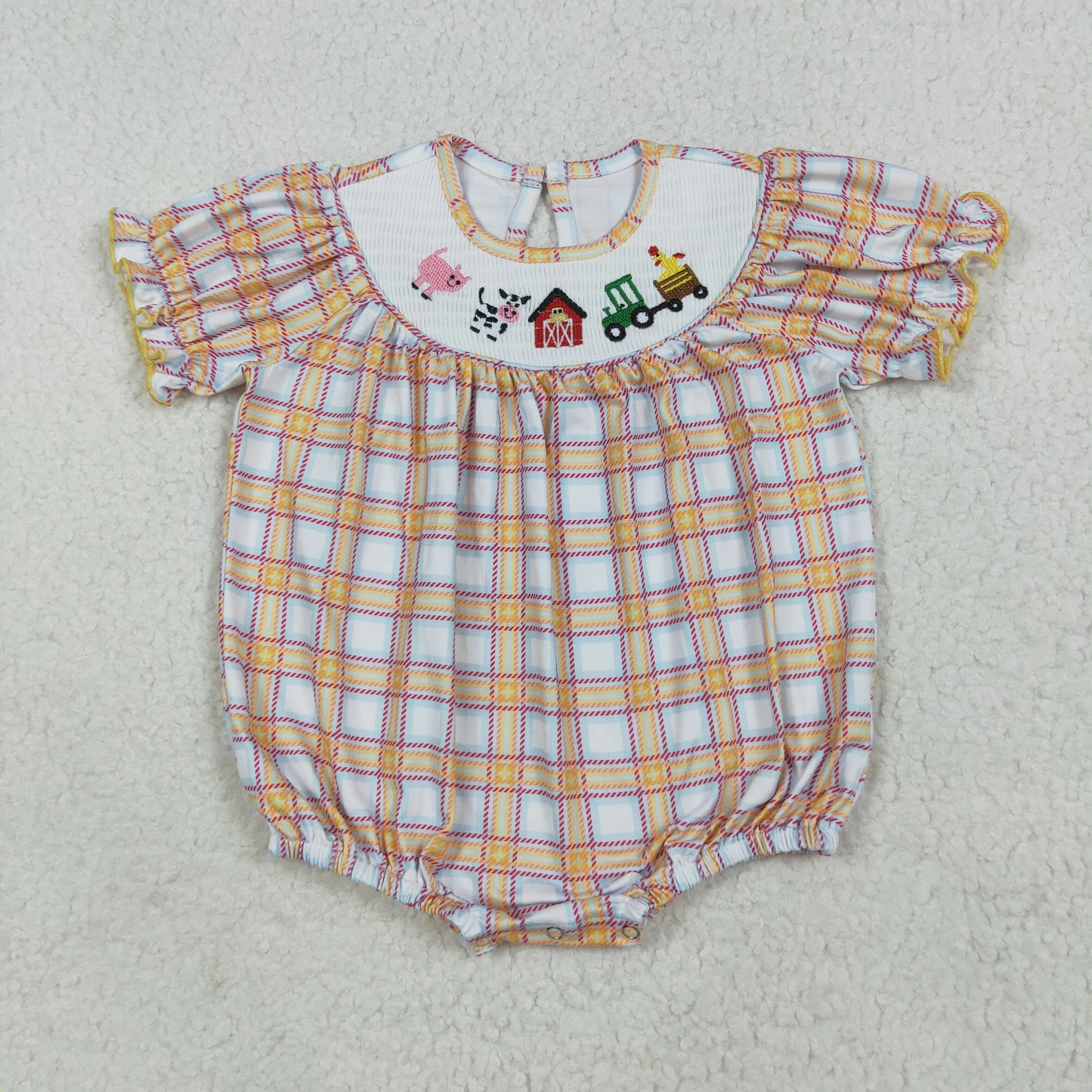 Baby Girl Short Sleeves Embroidery Farm Animals Plaid Bubble Smocked Romper RTS